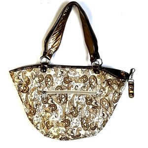 Metallic Trimmed Handbag Copper Gold Cream Paisley Tote Pocketbook Bag